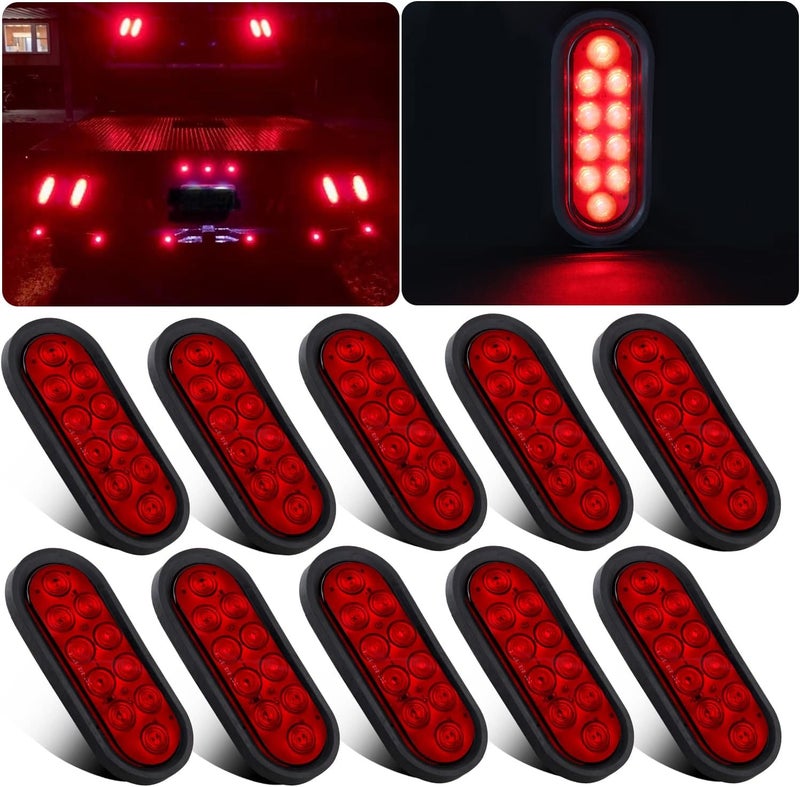 Partswcgg 6 Inch Oval LED Trailer Tail Lights 10 LED, 10Pcs Trailer Truck Brake RED 6" Oval Led Stop Turn Tail Lights Sealed Flush Mount Waterproof w/Rubber Grommets 3 Prong Wire Plug Pigtails 12V - Image 1